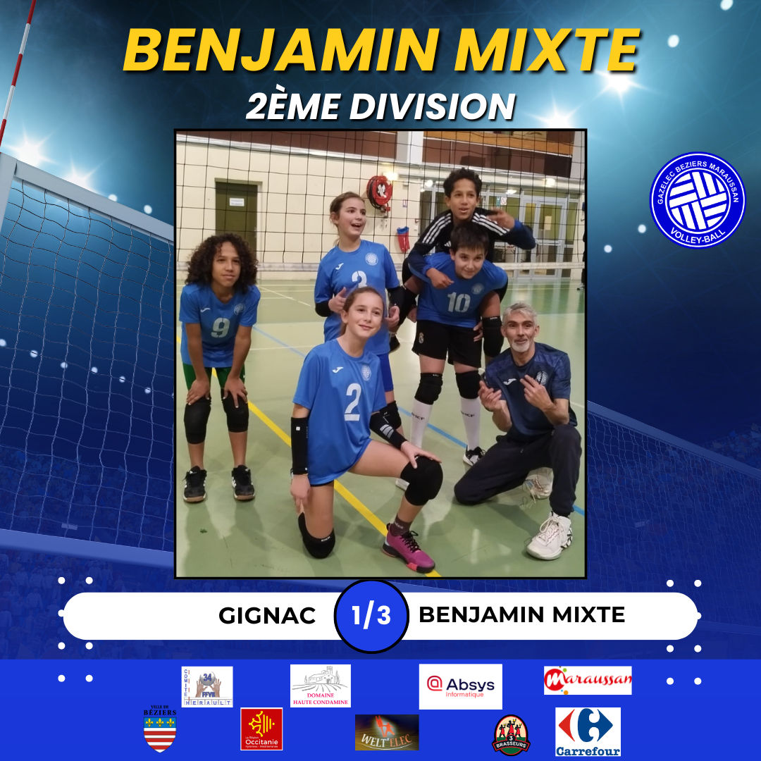 Victoire des Benjamins Mixte par 3 sets à 1 contre Gignac