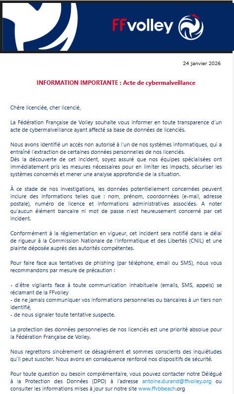 Attention le site ffvb.org a été sous le feu d'une attaque cyber.